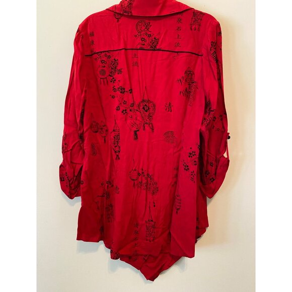 Soft Surroundings Red Tunic Blouse Wrap Black Asian Floral Pattern Large - Picture 2 of 10